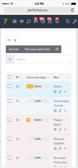 Перечень всех Лидов в режиме просмотра Список